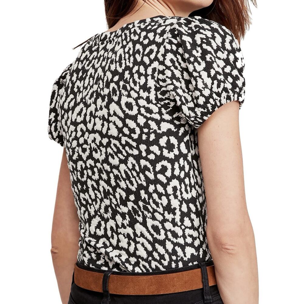 Free People No Type Top S Animal Print Square Neck Puff Short Sleeve Edgy Boho - Picture 2 of 8